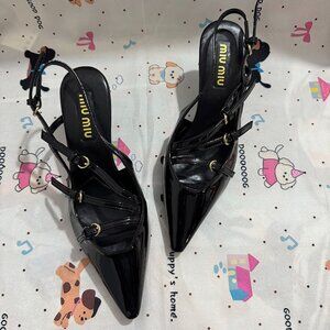 Miu Miu Black Glossy Pointed-Toe Multi-Strap Pumps